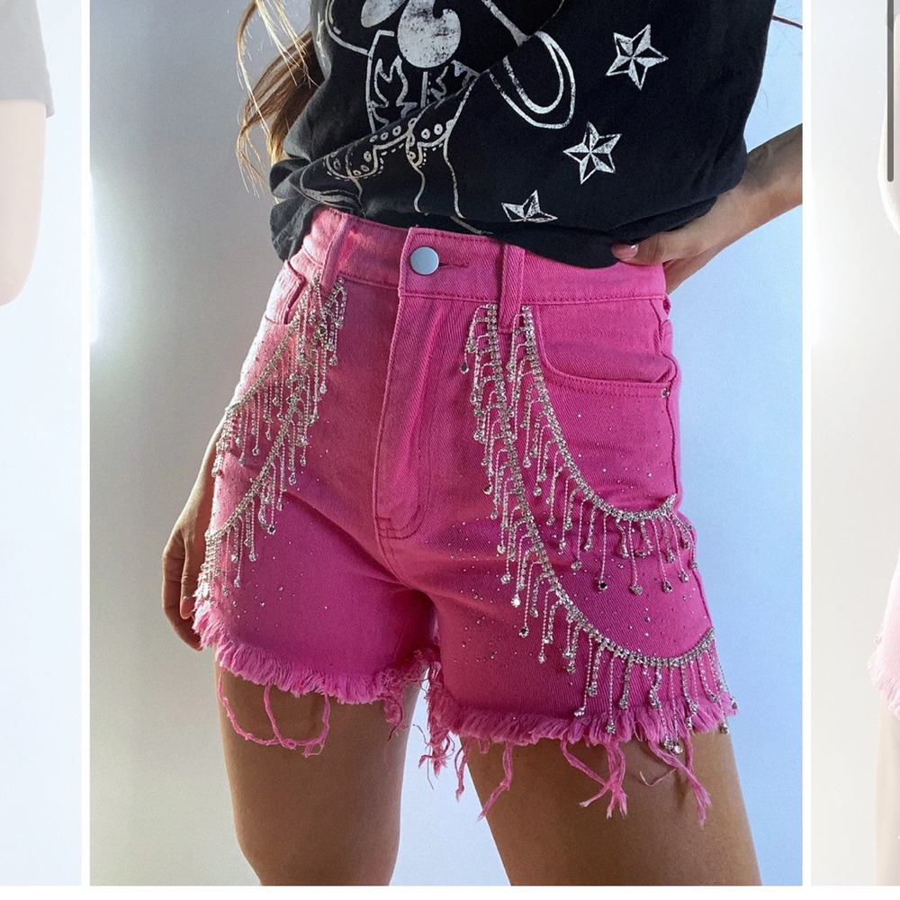 Pink rhinestone shorts, size small. NEVER WORN.